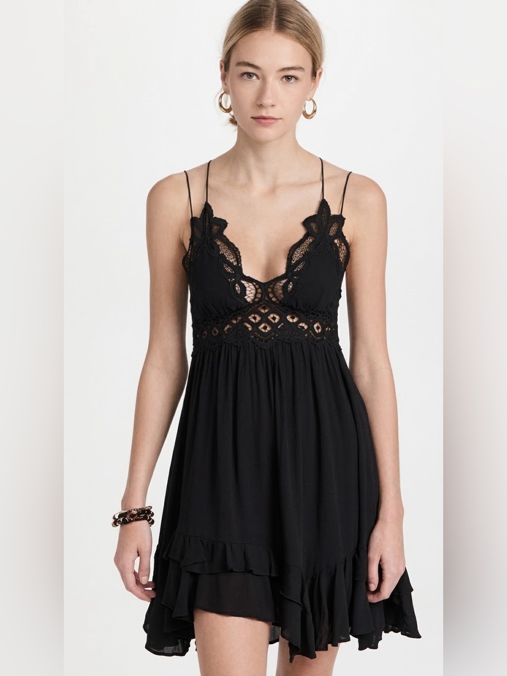 FP ONE Free People Lace V-Neck Cami Mini Dress Tiered Ruffle Smocked Boho